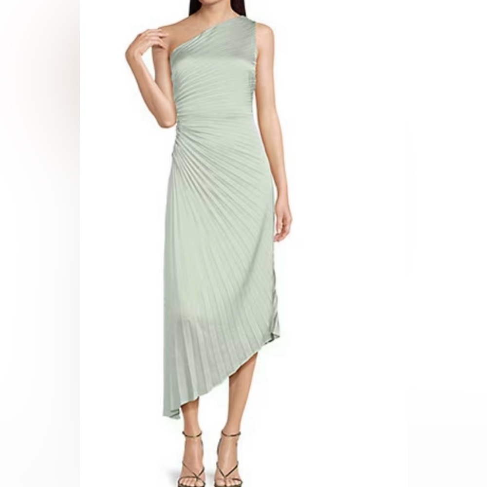 One-Shoulder Sage Green Pleated Asymmetric Dress